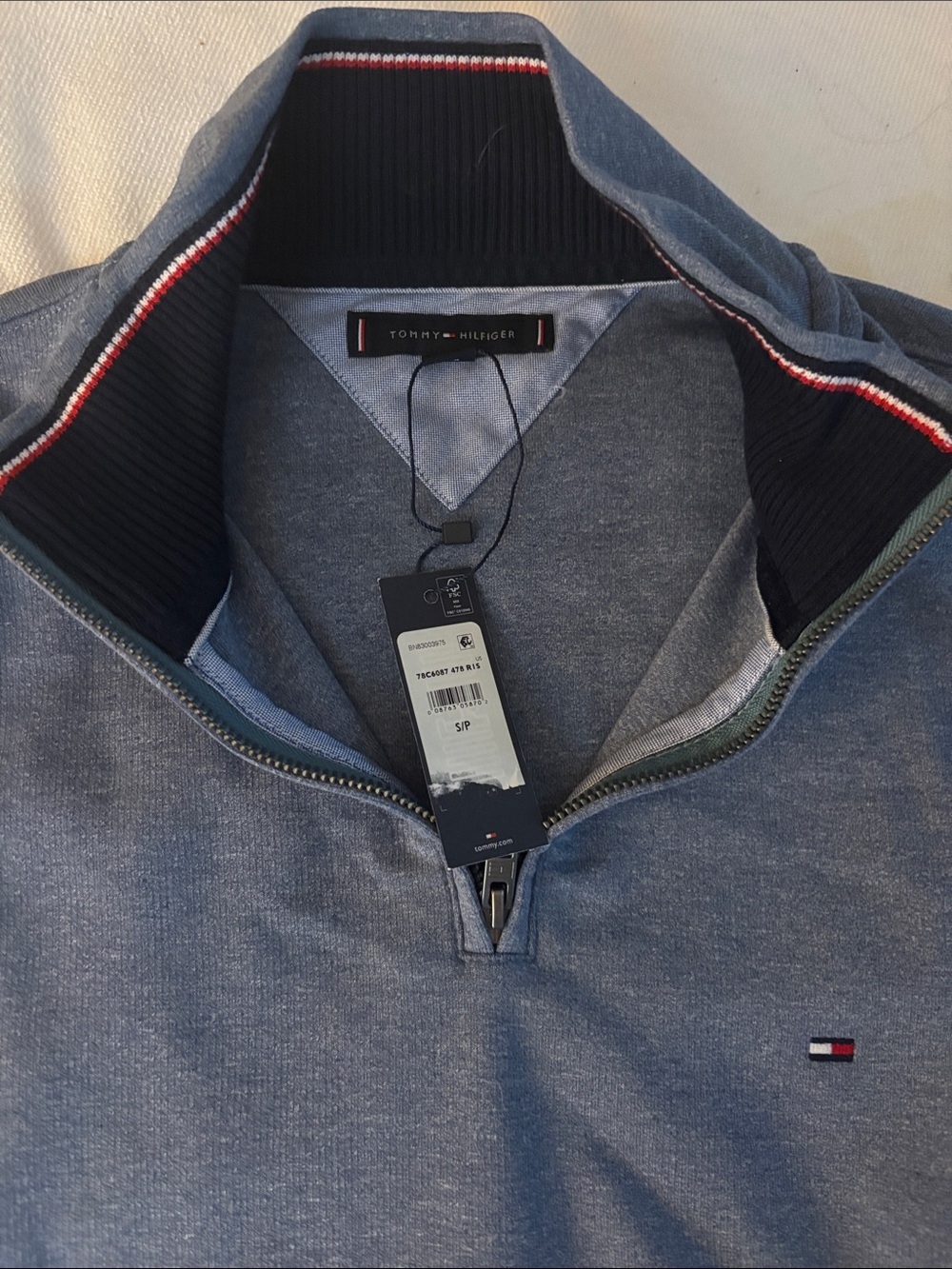 Tommy Hilfiger Men's Heather Blue Zip-Up Sweater with Navy Trim